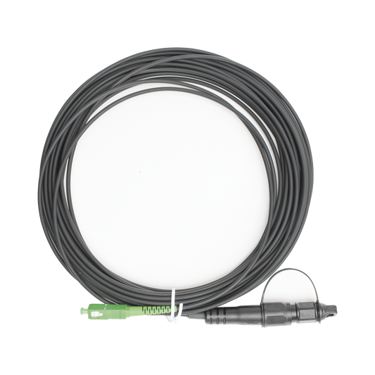 Jumper de Fibra Óptica, conector SC/APC - conexión a caja FDP460, redondo, 10 metros, forro 3 mm, G657A2, negro