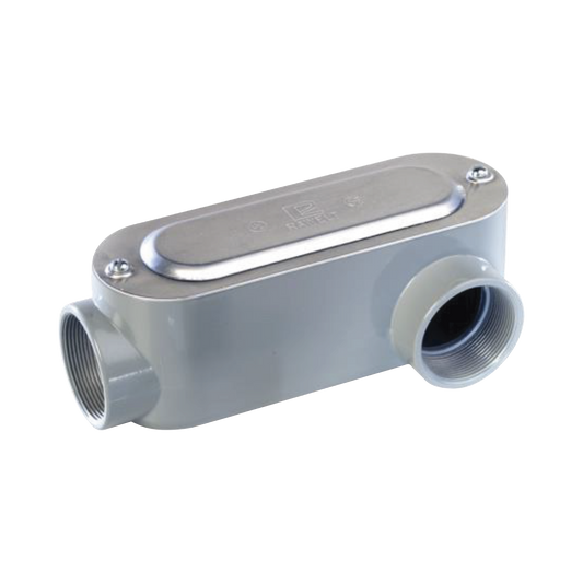 Caja oval roscada tipo LL de 1 1/2" (38.1 mm) Incluye tapa y tornillos.