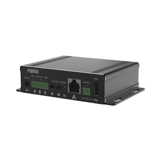 Gateway para Voceo IP/SIP,  Entrada de audio (3.5mm), salida de amplificador integrado de hasta 30W, puerto USB (reproducción de MP3),
