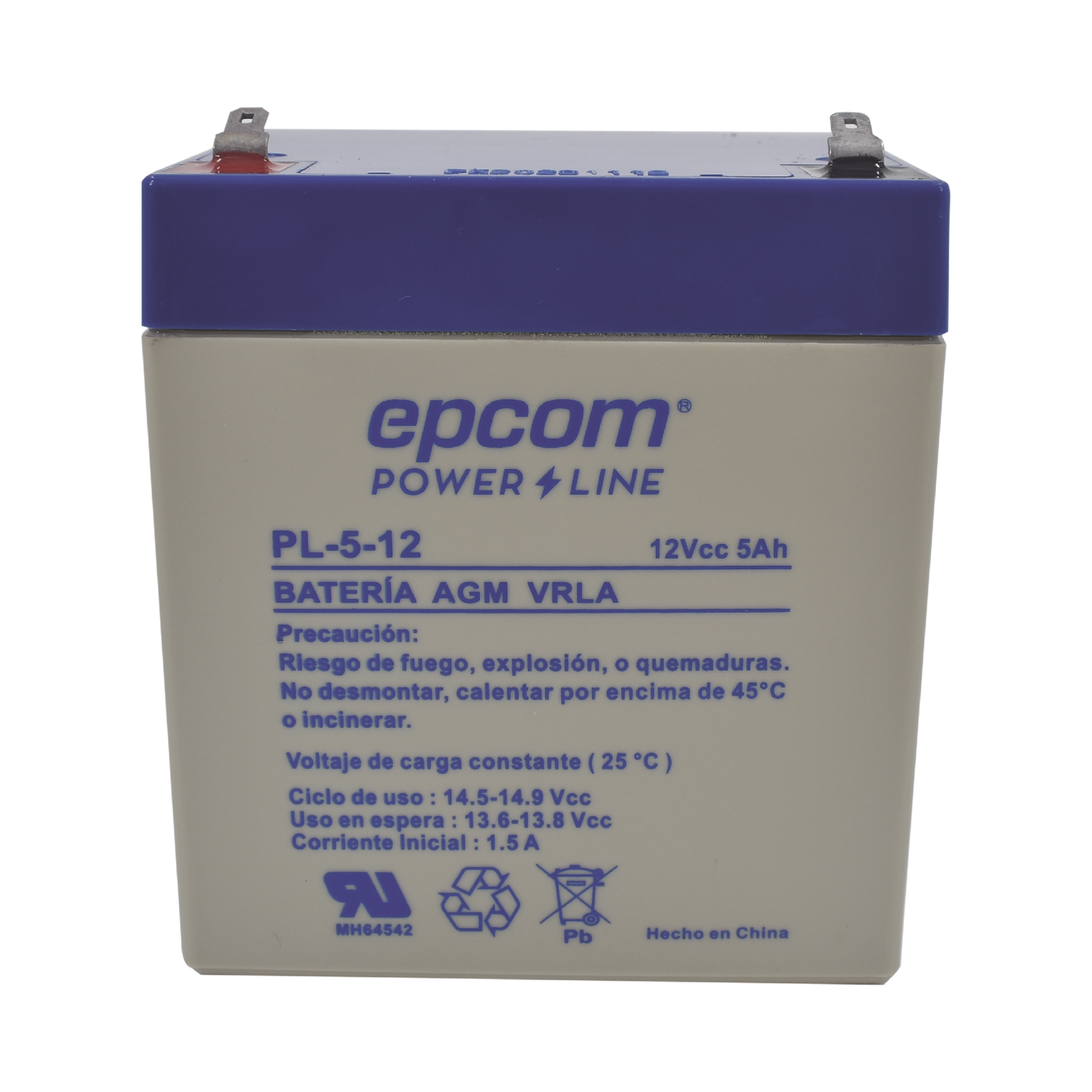 Batería 12 Vcc / 5 Ah / UL / Tecnología AGM-VRLA / Para uso en equipo electrónico Alarmas de intrusión / Incendio/ Control de acceso / Video Vigilancia / Terminales F1 / Cargador recomendado CHR-80.