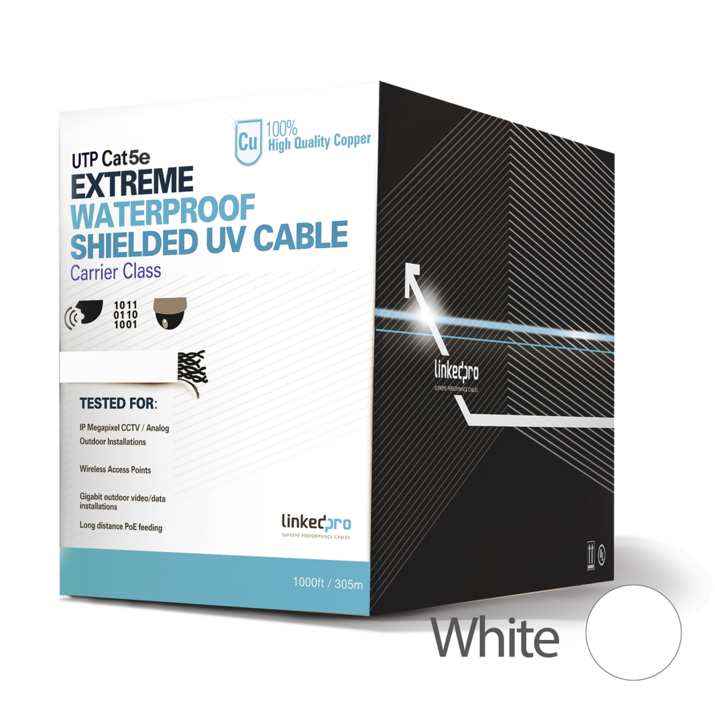 Bobina de cable de 305 m, Cat5e, para intemperie, sin blindar, color blanco, UL, para aplicaciones en CCTV, redes de datos.