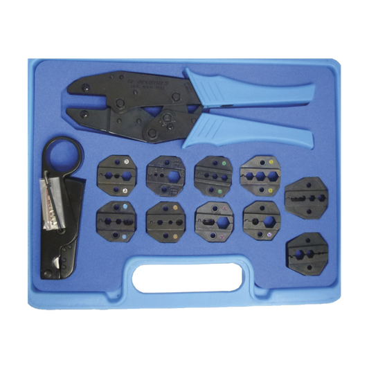 Kit en Estuche de Plástico con 10 Muelas para Instalar Conectores en Cables Coaxiales, Pinzas RFA-4005-20 y Desforradoras de Cable.