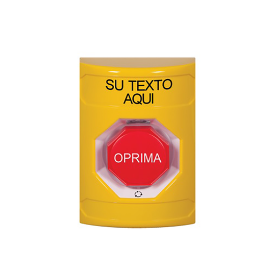 Boton de Emergencia color amarillo texto personalizable y restablecimiento con giro