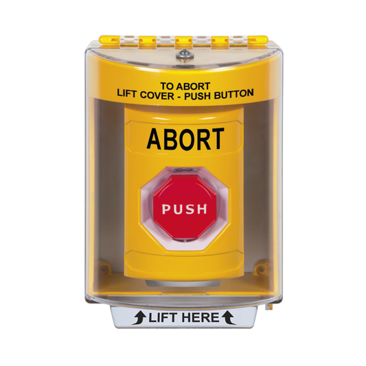 Botón de Abortar, Texto en Ingles, Tapa Protectora de Policarbonato Súper Resistente, Momentaneo