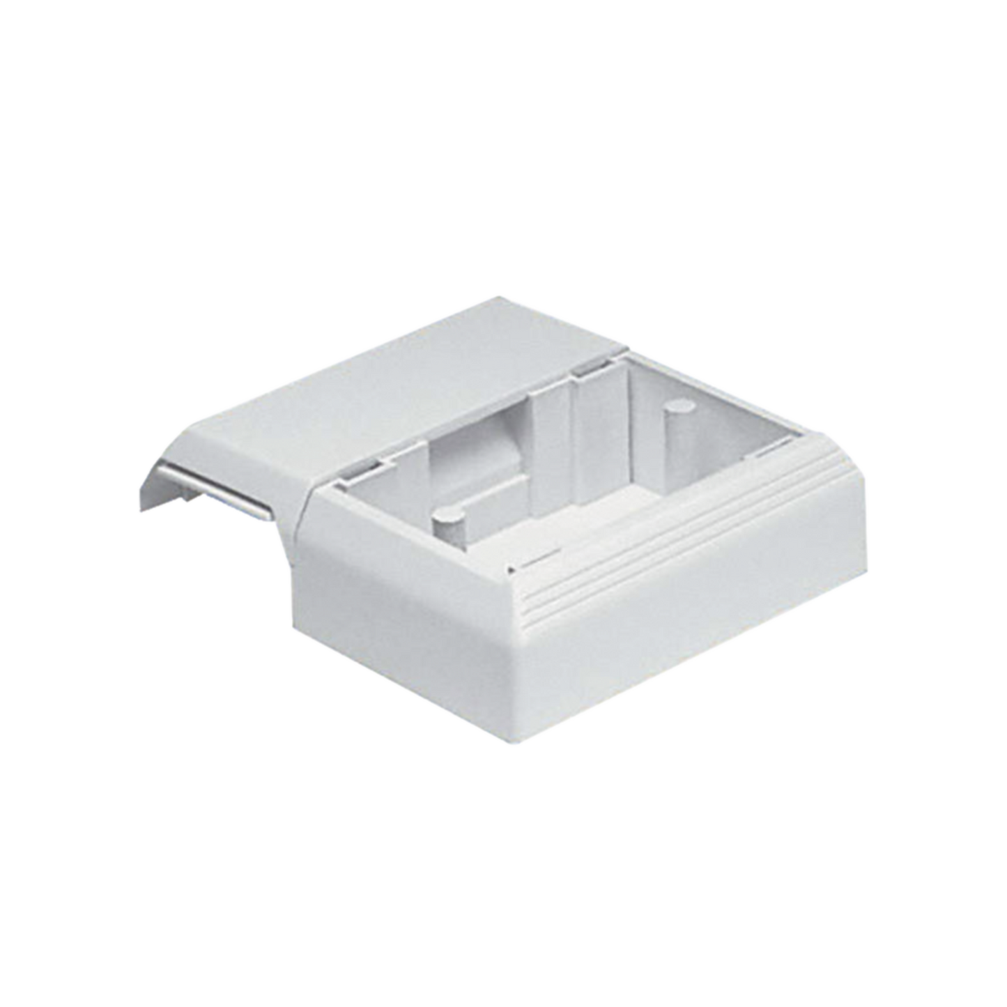 Caja Superficial Con Bisagras de Instalación a Presión, Para Canaletas T45, Material PVC Rígido, Color Blanco Mate