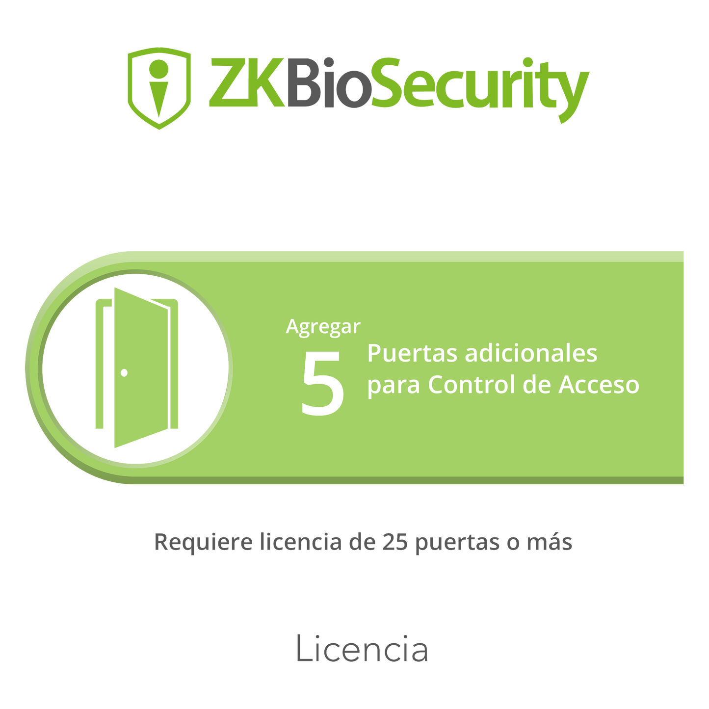 Licencia para ZKBiosecurity permite agregar 5 puertas adicionales (requiere licencia de 25 puertas o mas)