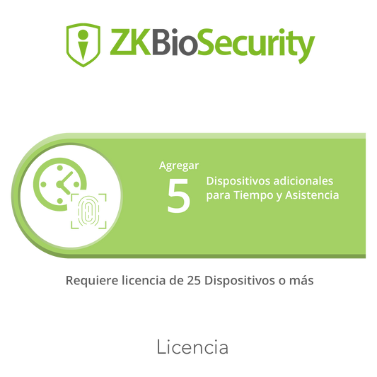 Licencia para ZKBiosecurity permite agregar 5  dispositivos para tiempo y asistencia adicionales (requiere licencia de 25 dispositivos o mas)