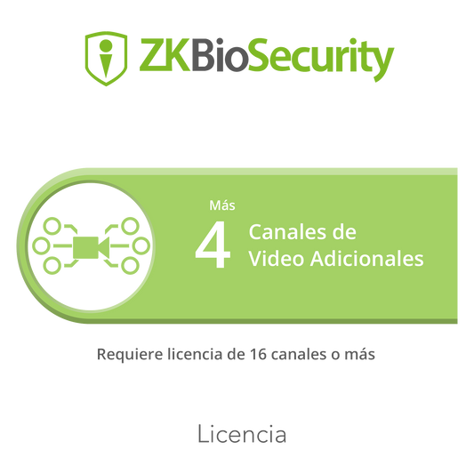 Licencia para ZKBiosecurity para modulo de video para 4 canales de video adicionales (requiere licencia de 16 canales o mas)